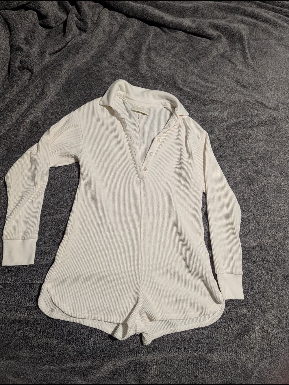 Women's Cream Waffle-Knit Long Sleeve Romper